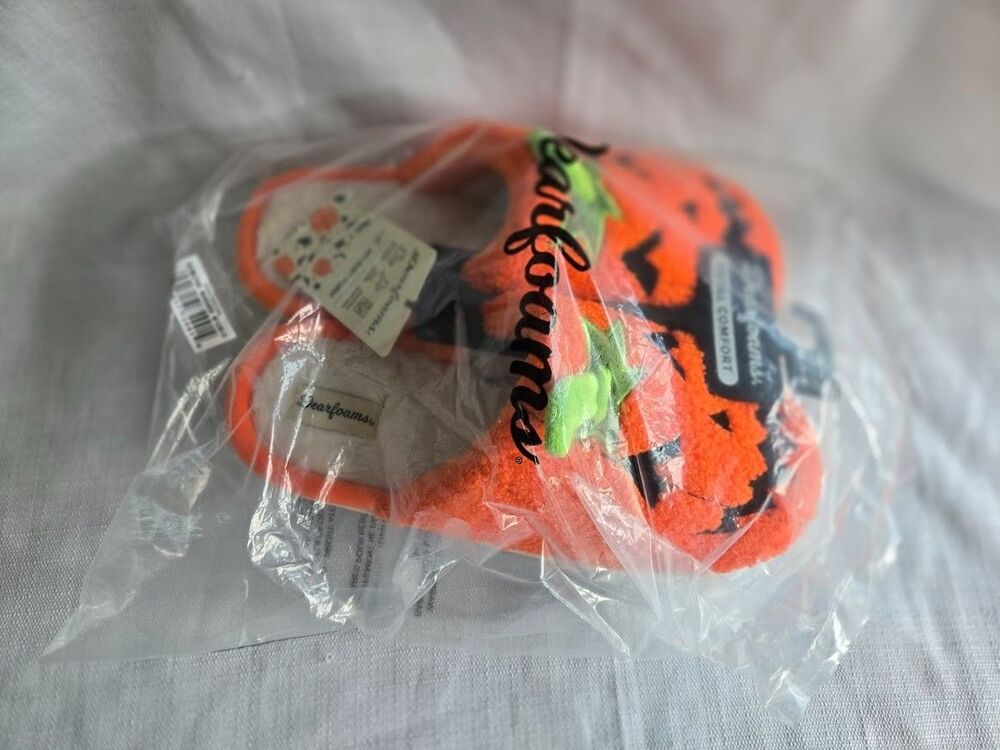 Dearfoams Unisex Halloween Pumpkin Scuff Slippers - Mens 7/8 -Womens 9/10 NEW - Picture 2 of 5